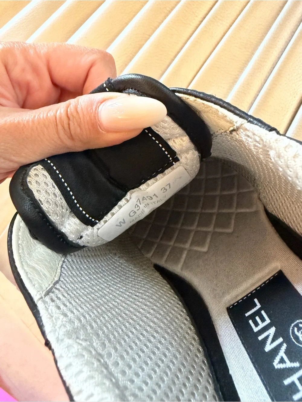 CHANEL m Black Mesh & Leather Logo Trainer with White Accents